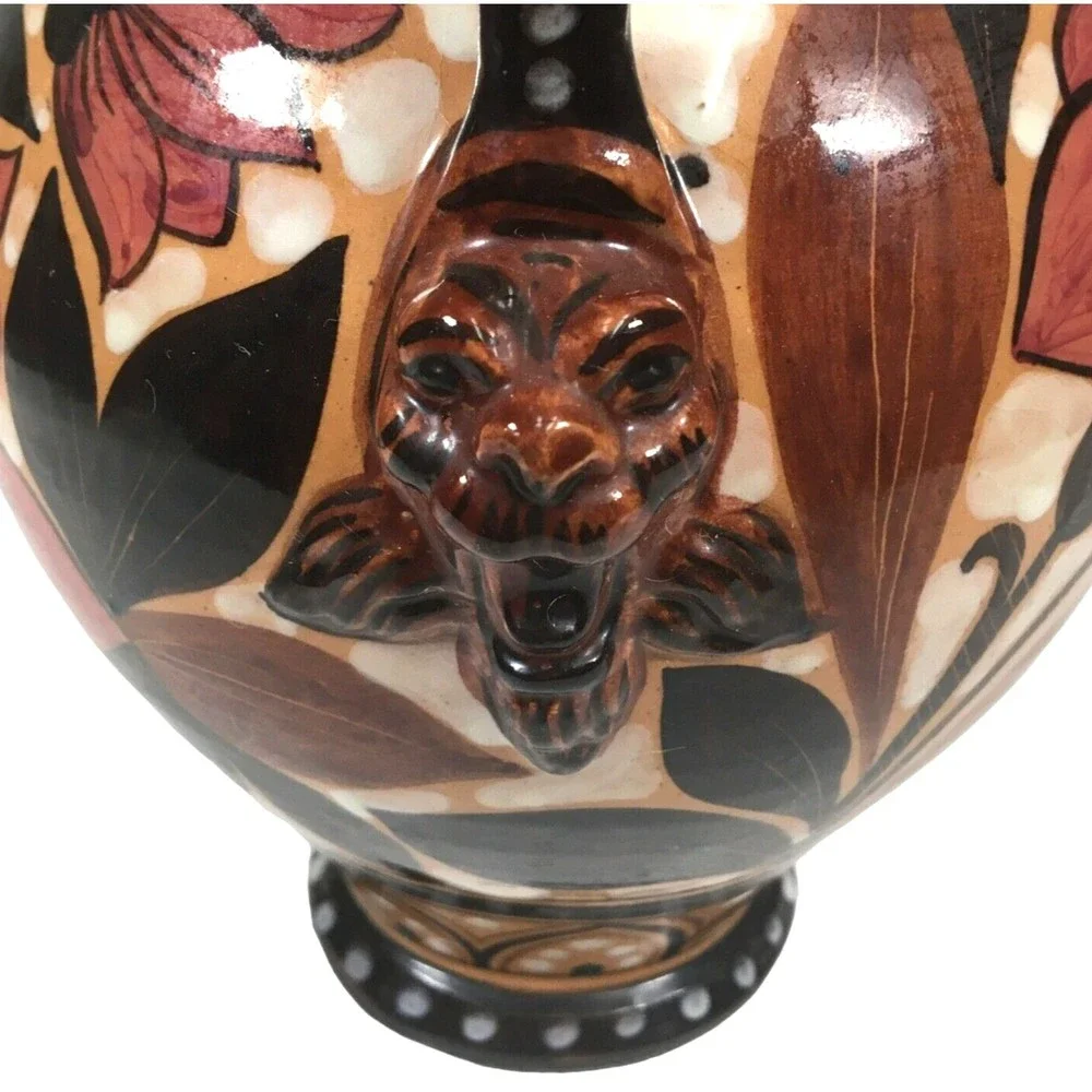 Lion Head Italian Vase Ceramic Glazed Double Handle Floral 7.5” Italy Signed